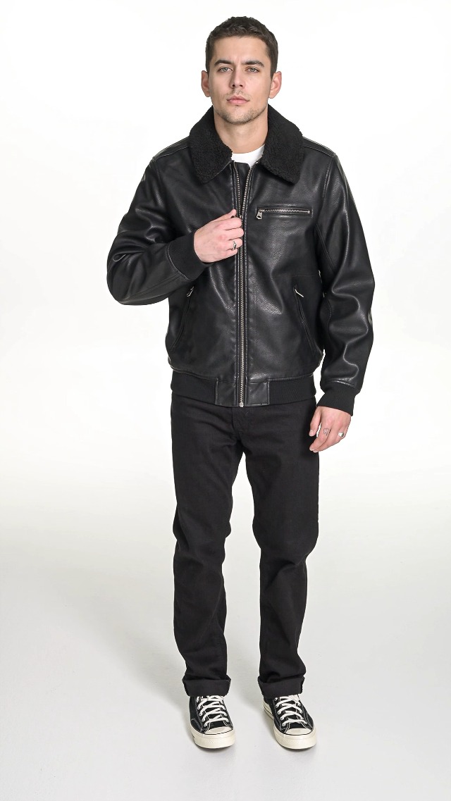 Levi's Men's Faux Leather Aviator Bomber Jacket with Sherpa Collar